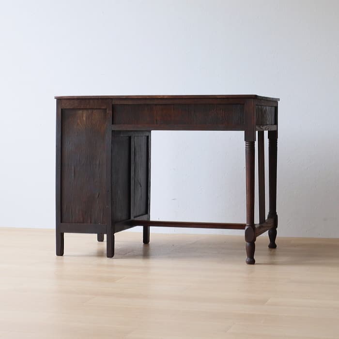 アンティーク ナラ材 ロクロ脚 片袖机 レトロ 真鍮金具 デスク 古家具