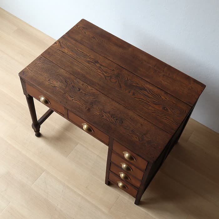 アンティーク ナラ材 ロクロ脚 片袖机 レトロ 真鍮金具 デスク 古家具