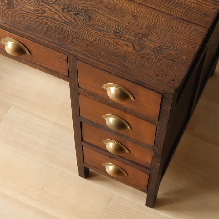 アンティーク ナラ材 ロクロ脚 片袖机 レトロ 真鍮金具 デスク 古家具