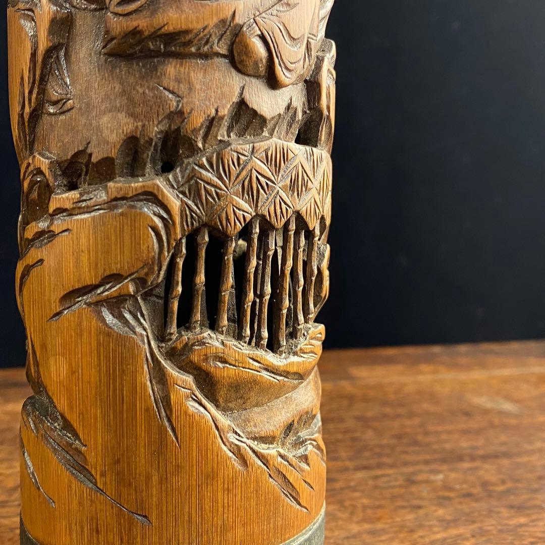 ダ*吉様 香筒　竹製透かし彫刻　中国古美術　香立