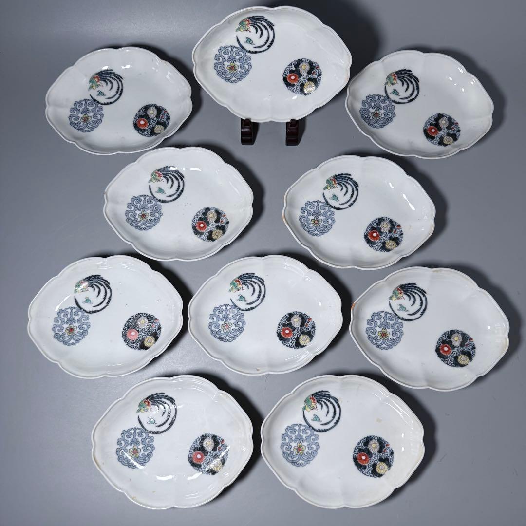 大正〜昭和初期　十二代柿右衛門　錦　丸文様　鳳凰文　変形皿　角福　十枚　希少な器