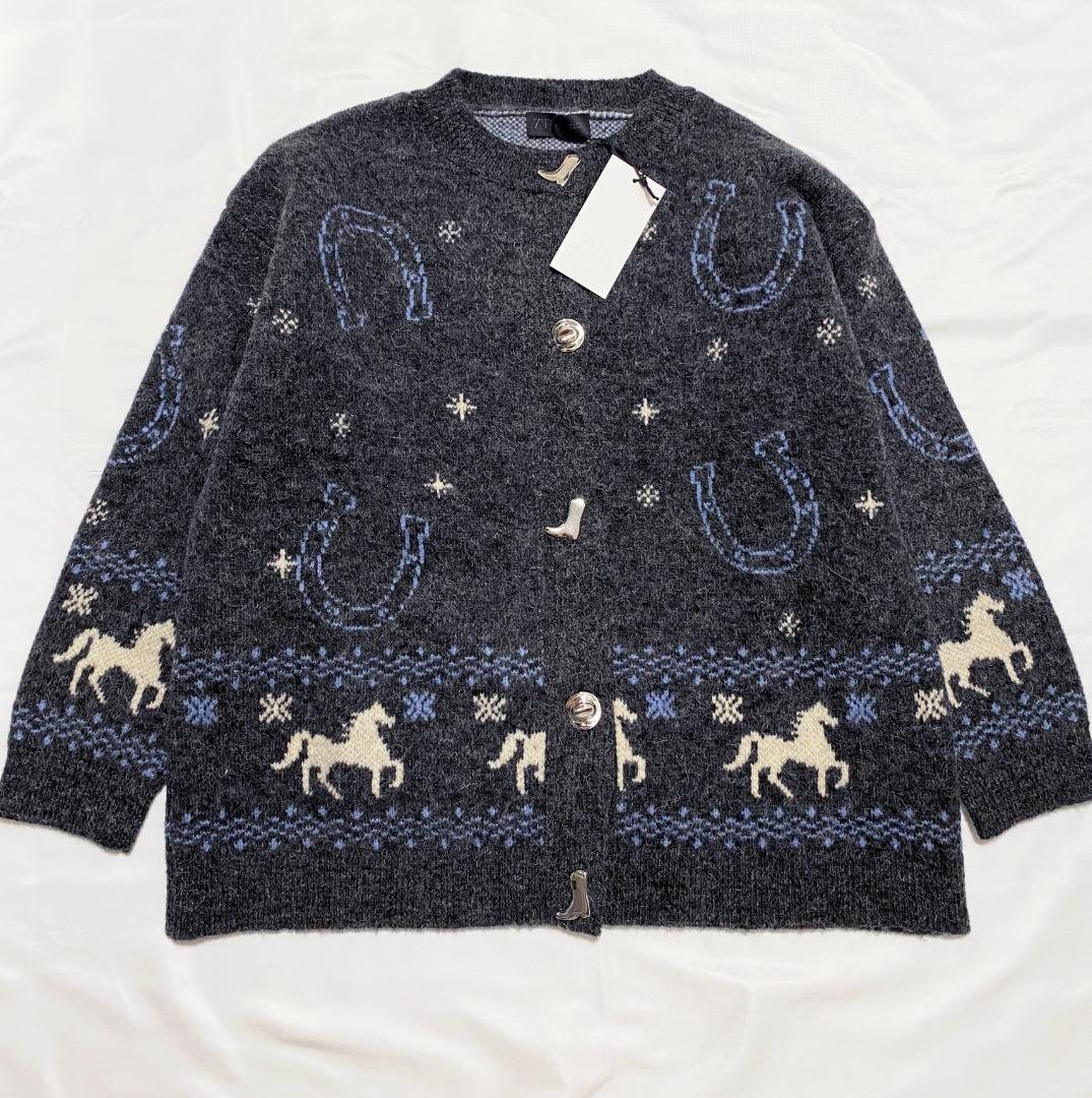 新品 ZARA ジャカードニットボタンカーディガン M