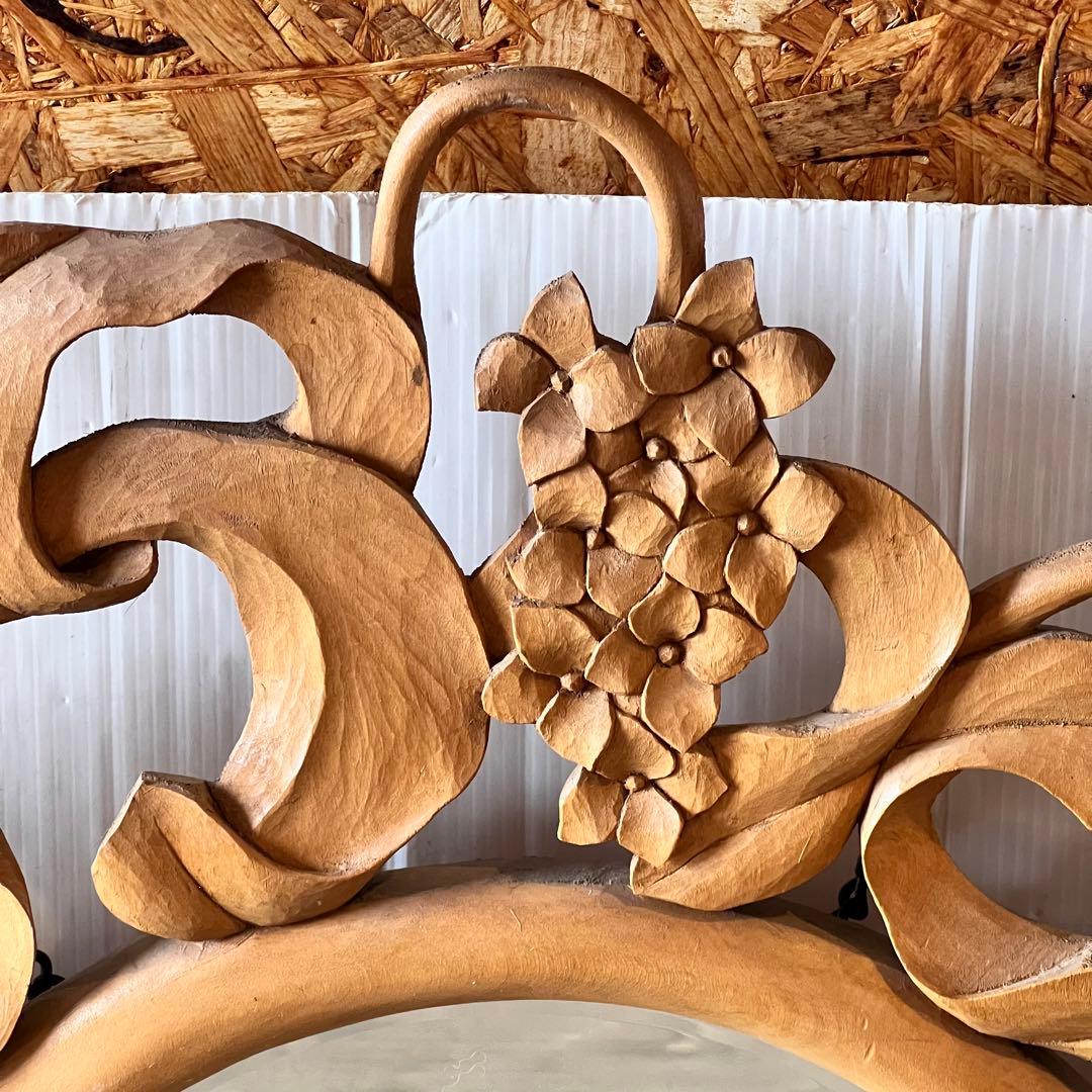 アンティーク　木彫り　掛鏡 花柄　インテリア　レトロ　大きいサイズ　壁掛け