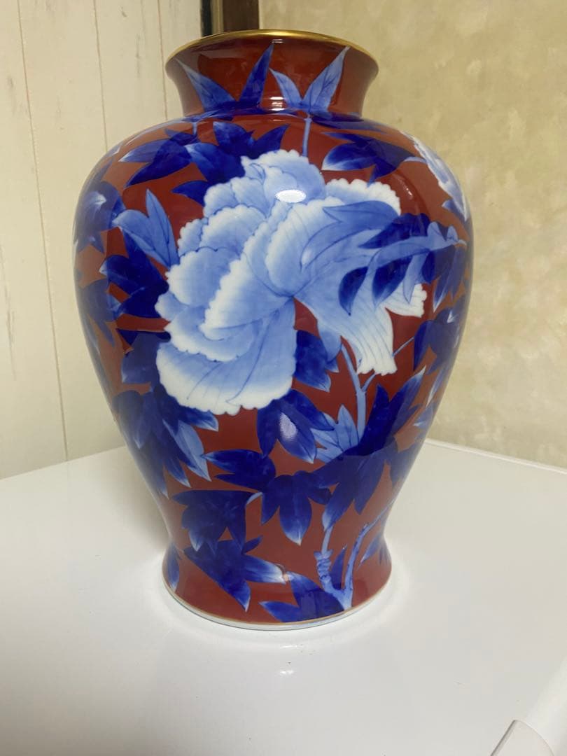 深川製磁 花瓶 牡丹 外赤 金彩 花活　金彩