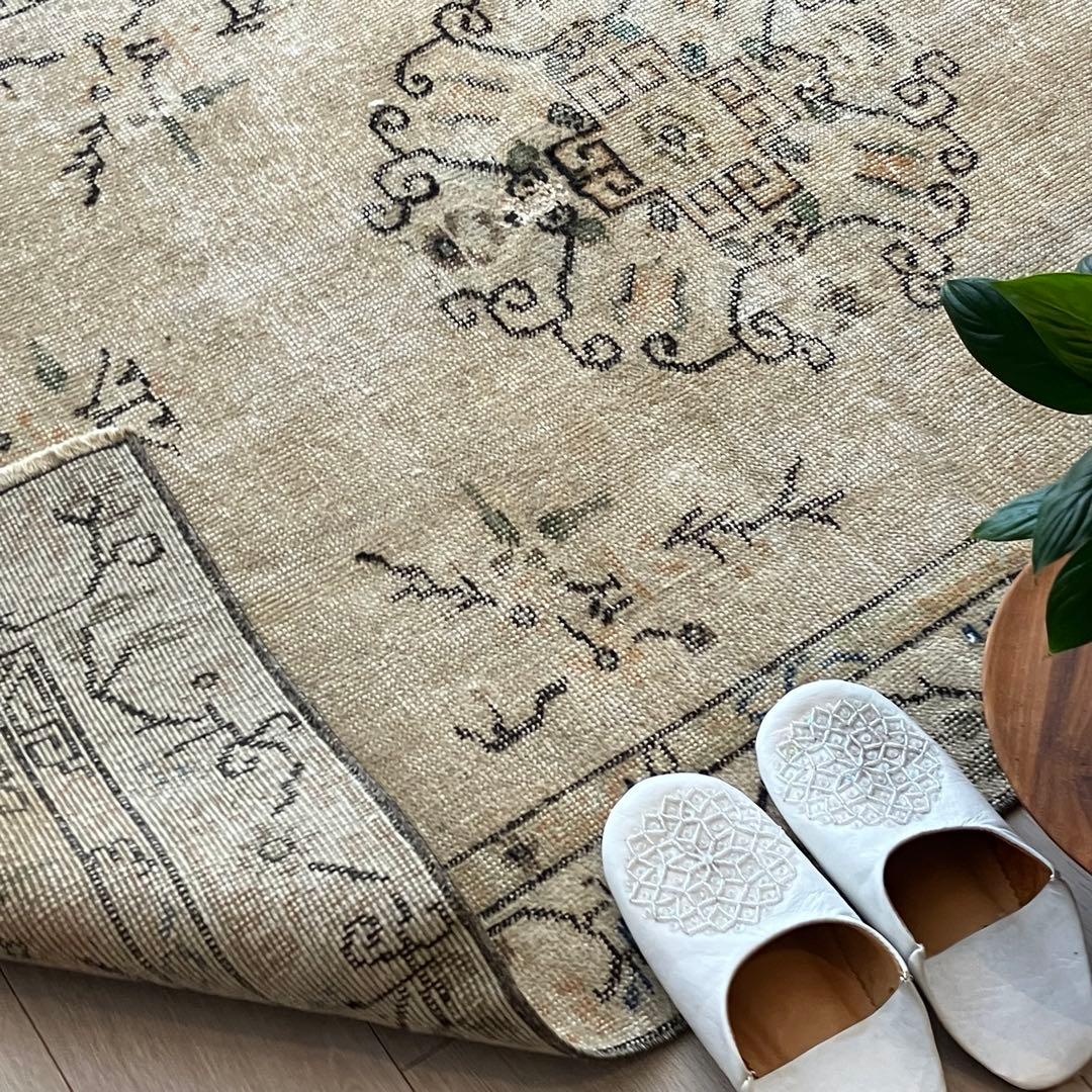 シノワズリ✳︎109×200ロイヤルミルクティー　グリーン　トルコヴィンテージラグ