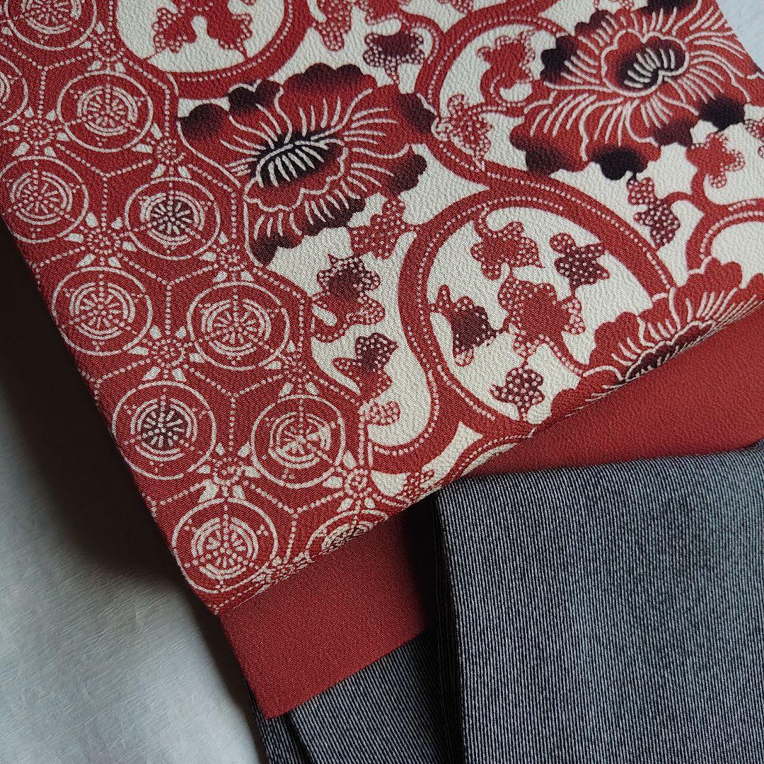 大人可愛い花唐草模様 草木手染めのちりめん開き名古屋帯