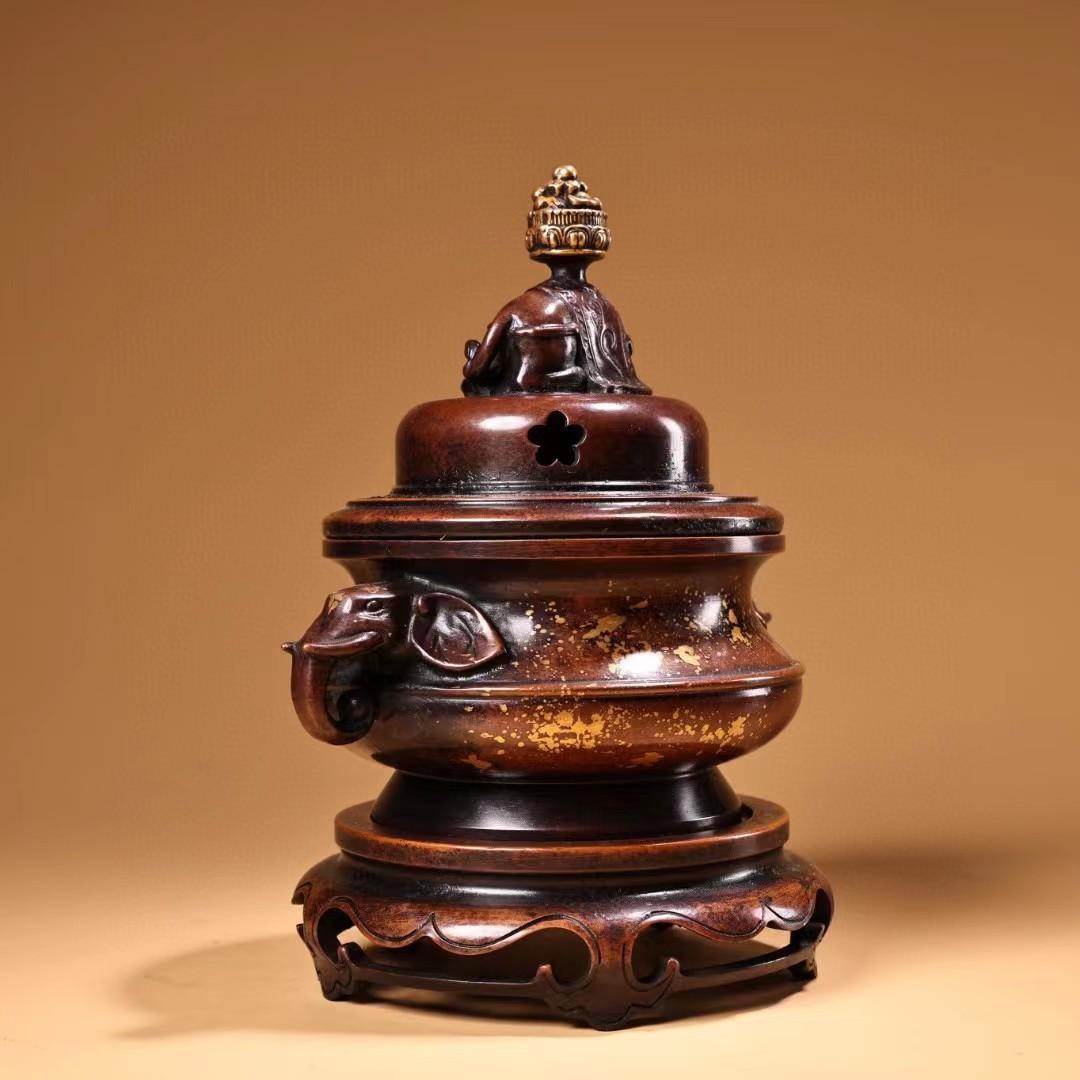 中国古美術・旧蔵鏨刻鍍金の熏香炉・純赤銅・純手作り・高浮彫・置物・茶道具・文房具
