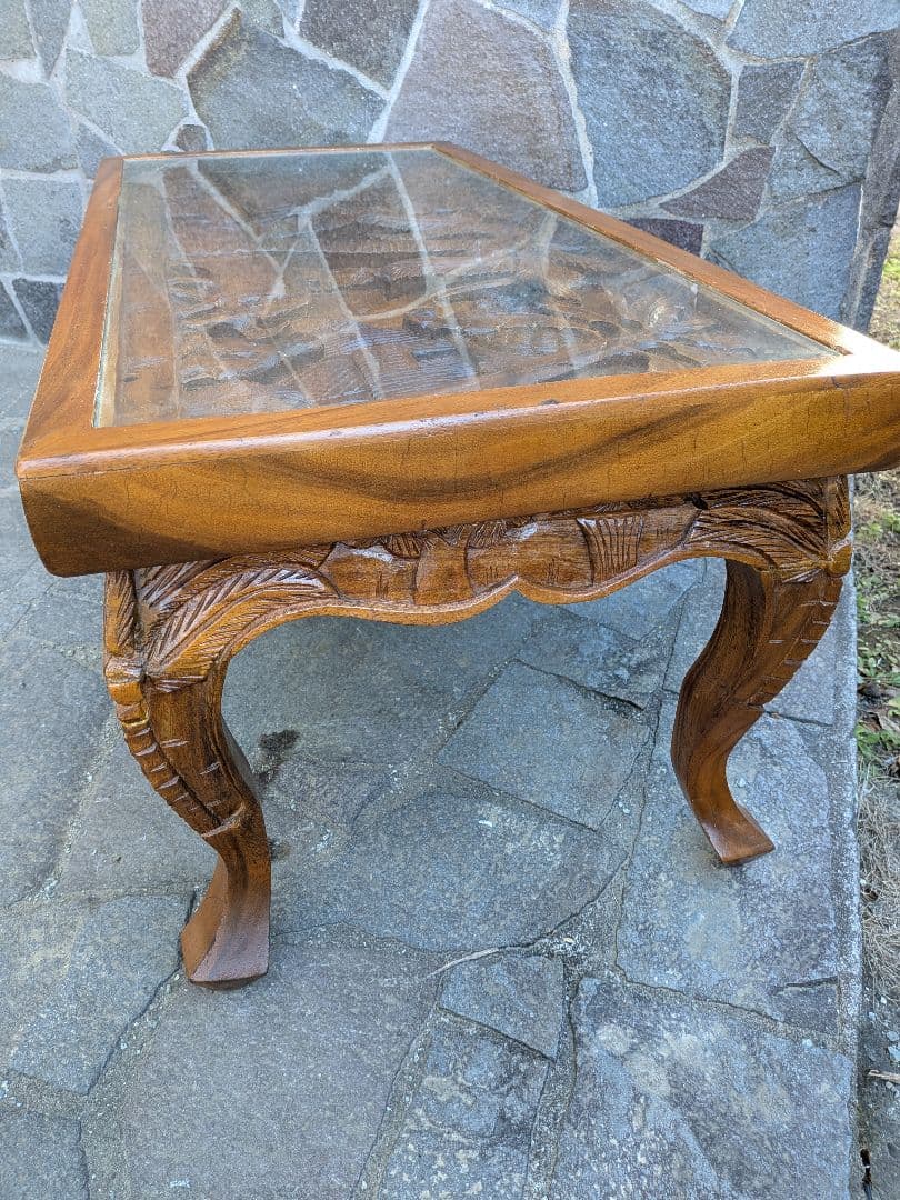 アジアンスタイル 木製彫刻テーブル ガラス天板付き