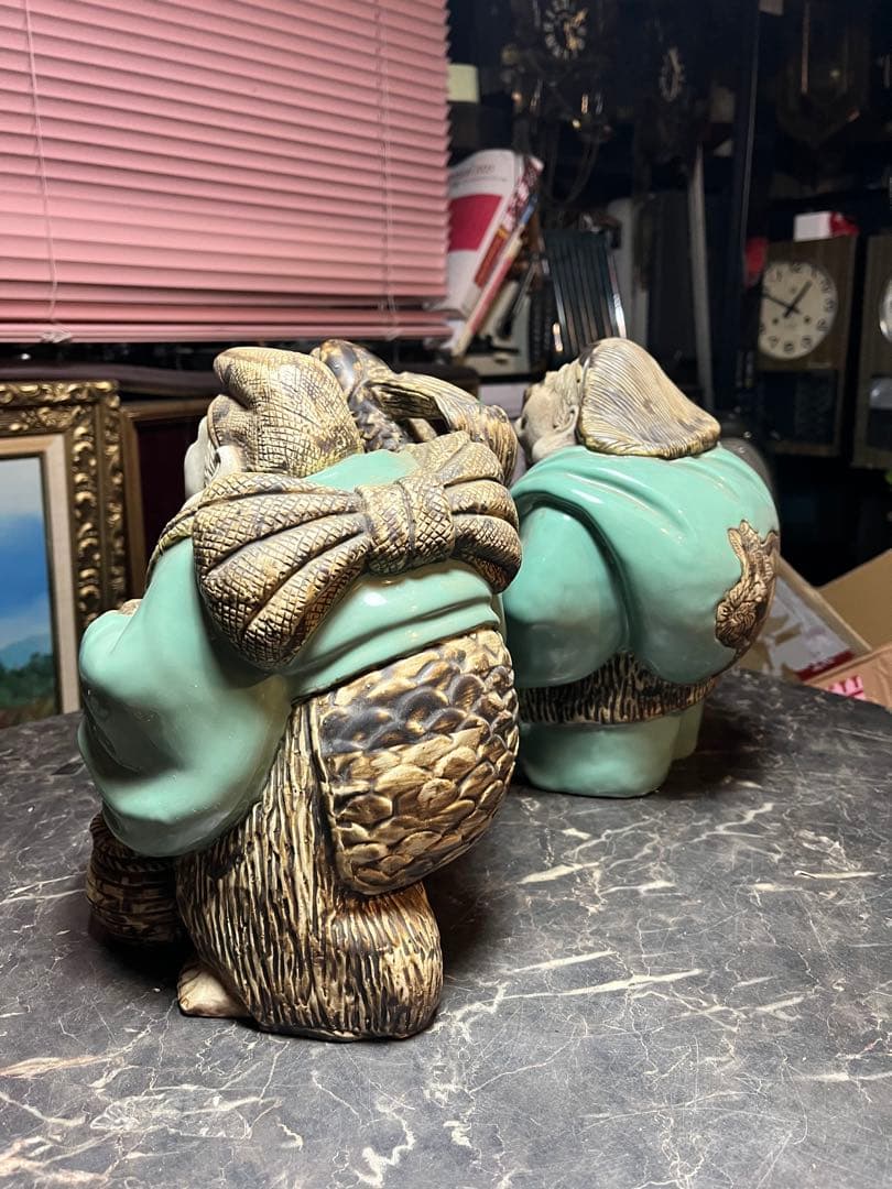 大黒天大黒様 恵比寿様、 明治時代の青磁 貴重な1対 七福神　 青磁 陶器製