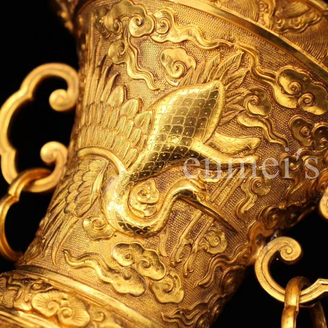 中国古美術・旧蔵鎏金鶴花鼓花瓶・純銅製・純手作り・高浮彫・風水開運・置物・文房具