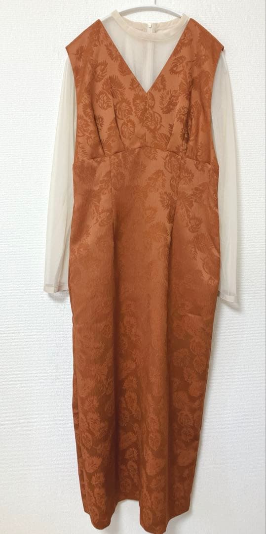 美品　人気　エメ　チュールブラウス付きジャカードIラインパーティードレス　L