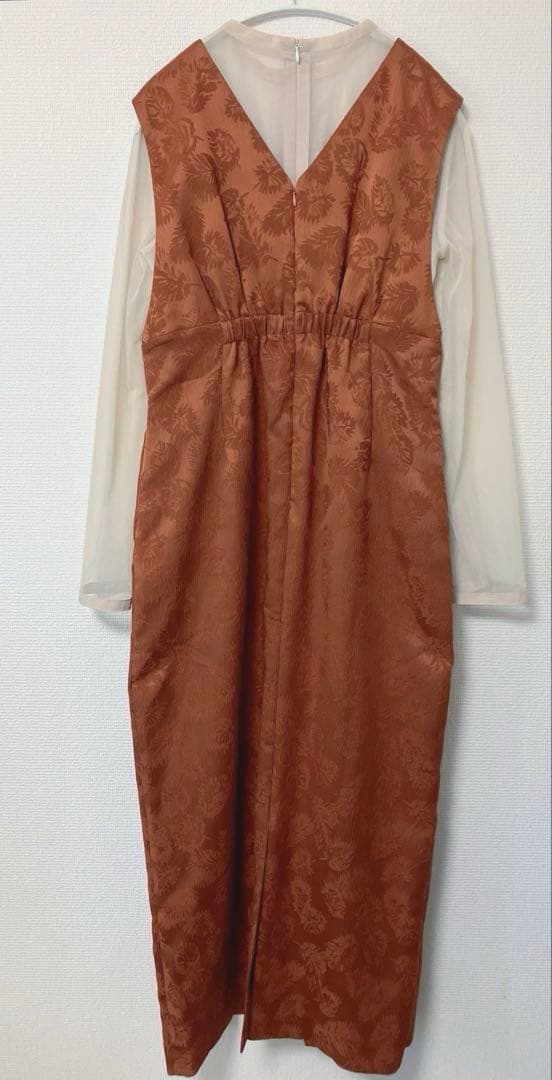 美品　人気　エメ　チュールブラウス付きジャカードIラインパーティードレス　L