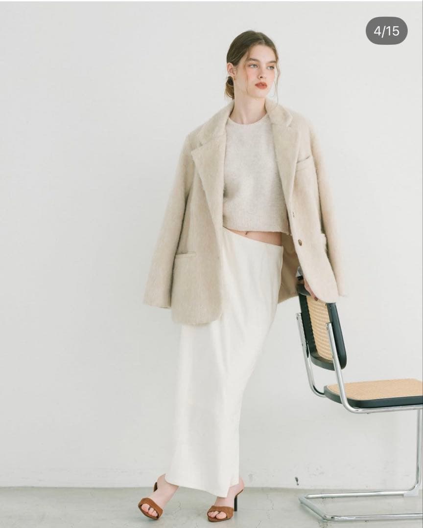 モヘアシャギージャケットコート　ベージュ　ベースメント