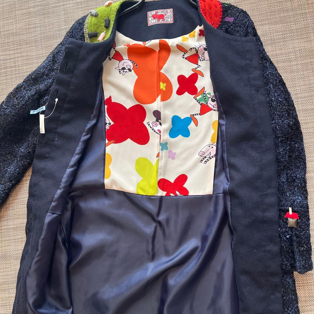 ツイードコート　黒×紺　放牧 立体フェルト豚さん　編み花　ビーズ 裏地まで可愛い