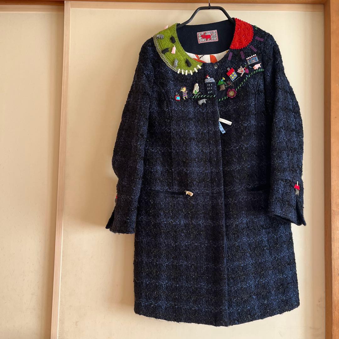ツイードコート　黒×紺　放牧 立体フェルト豚さん　編み花　ビーズ 裏地まで可愛い