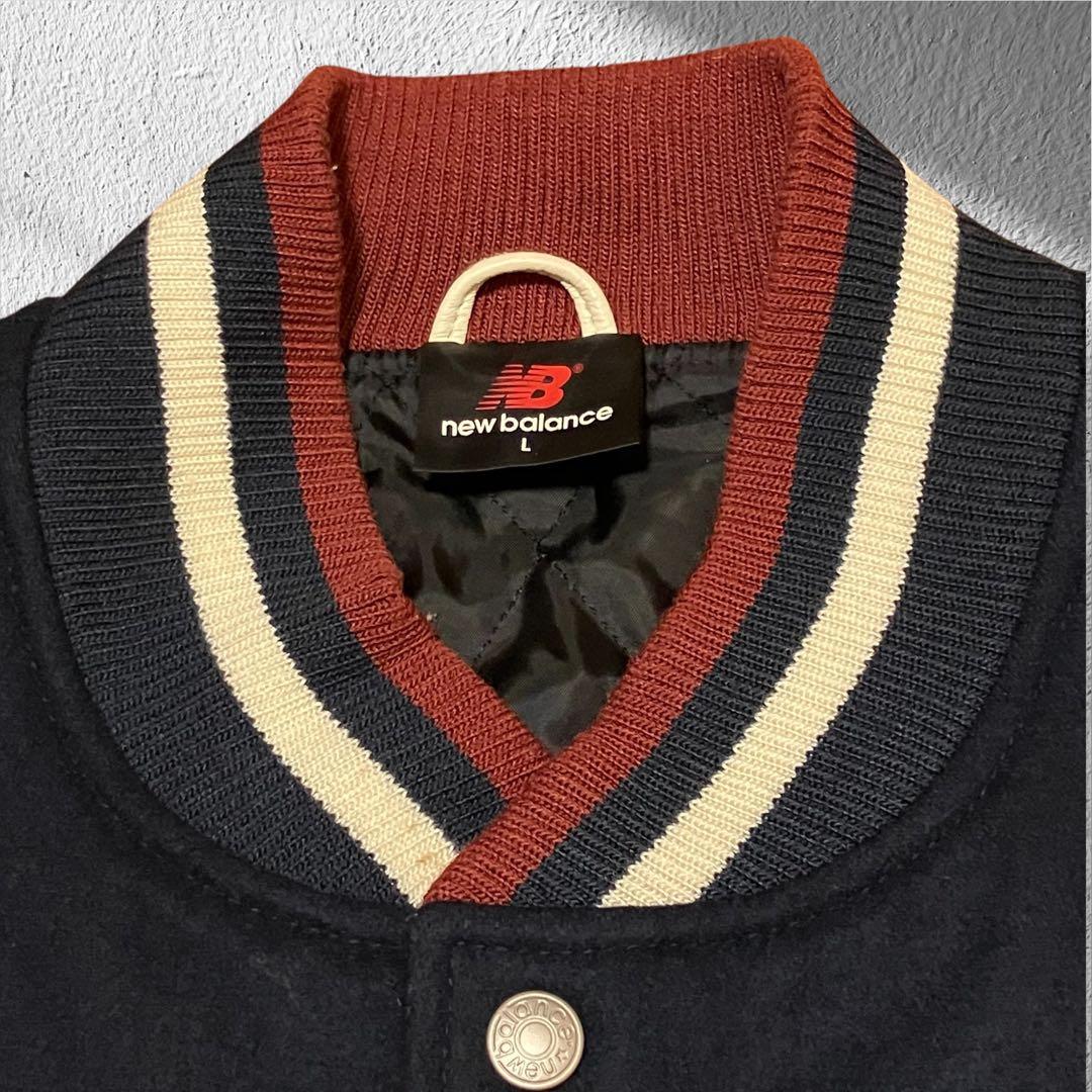 希少 ニューバランス 袖レザー スタジャン L ウール 豚革 刺繍ロゴ ネイビー