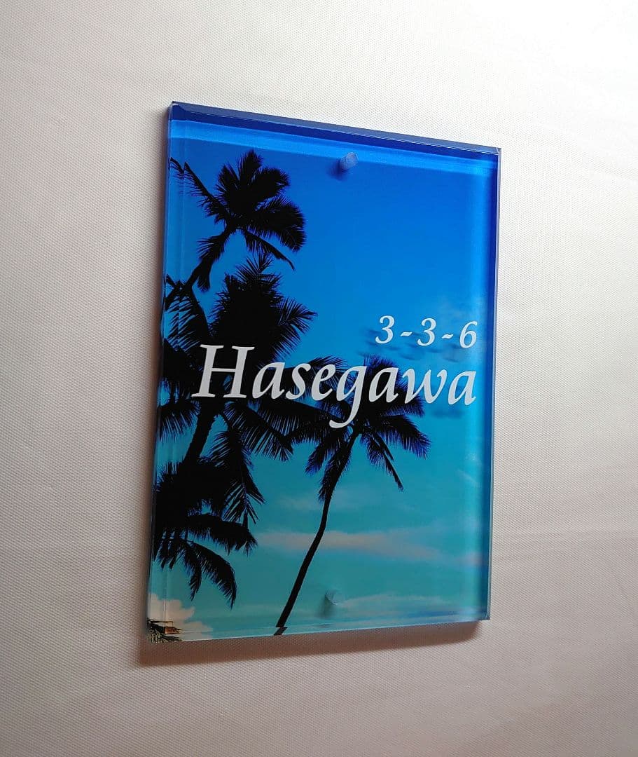 なおみん＊青空とヤシの木のアクリル表札＊透明4辺45度斜めカット＊ＵＶ印刷