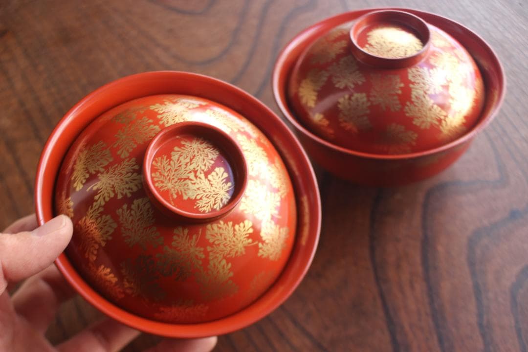 時代逸品！上質朱漆に極上信夫蒔絵の映えるお椀2点（検輪島塗懐石椀蒔絵椀