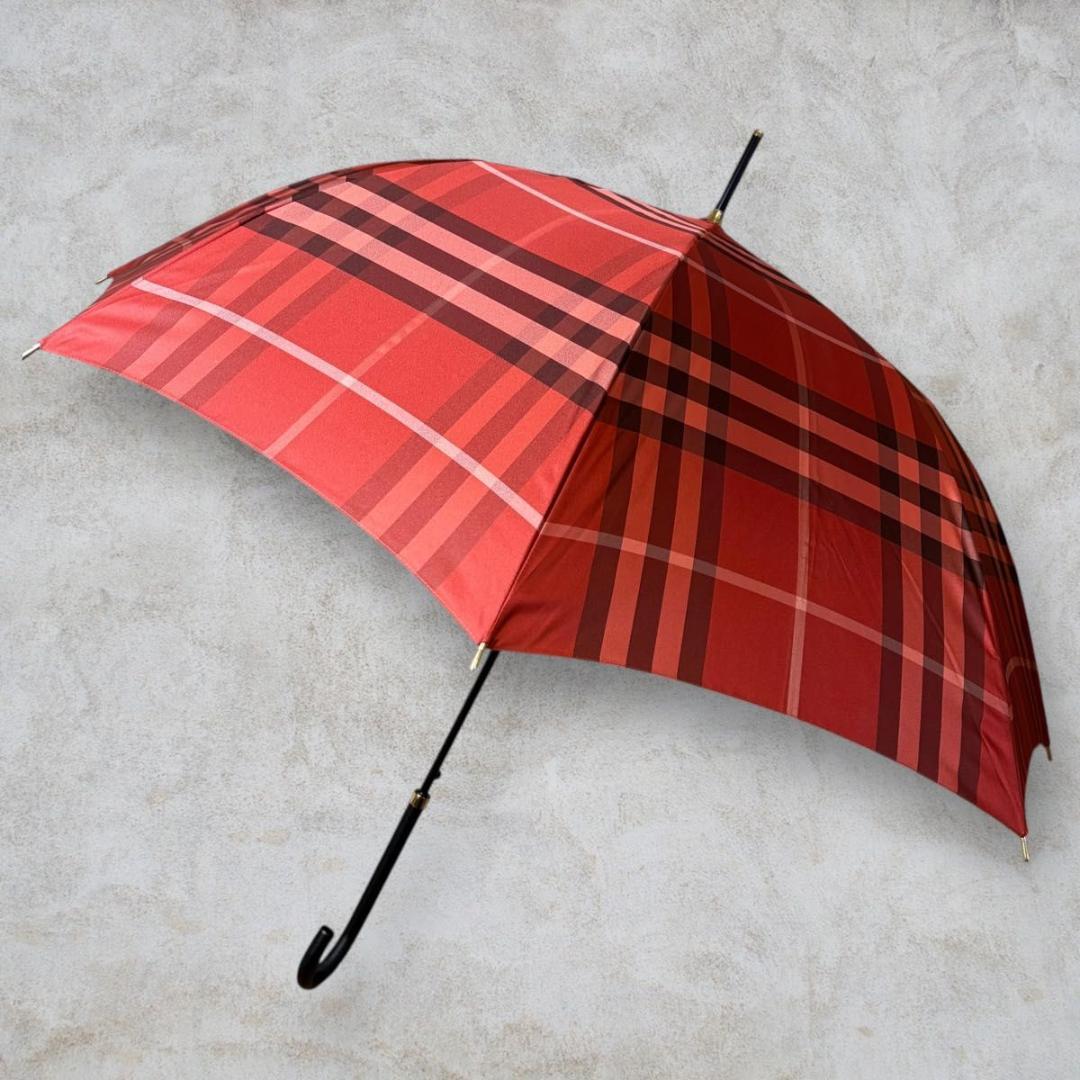 美品 BURBERRY メガチェック 晴雨兼用長傘 一本傘 ノバチェック RED
