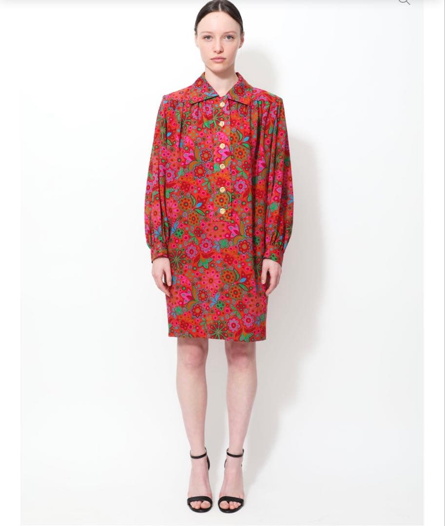 1990AW イヴサンローラン フローラル 長袖 ドレスワンピース フランス製