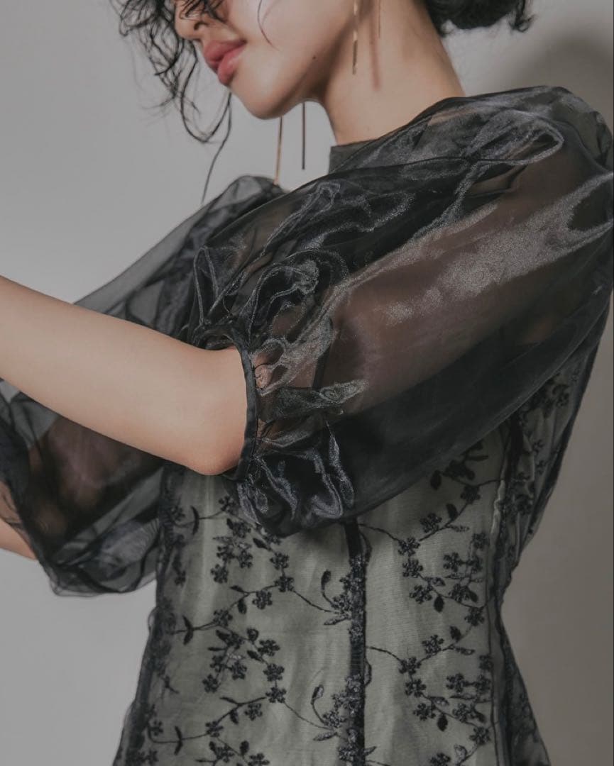 極品‼️niana オーガンジーパフスリーブ刺繍レースオケージョンドレス　Mサイズ