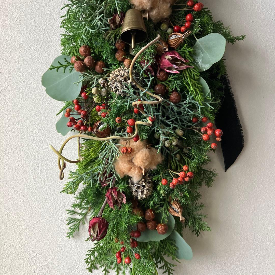 コットンと赤い実のクリスマススワッグガーランド　ローゼル　野バラの実