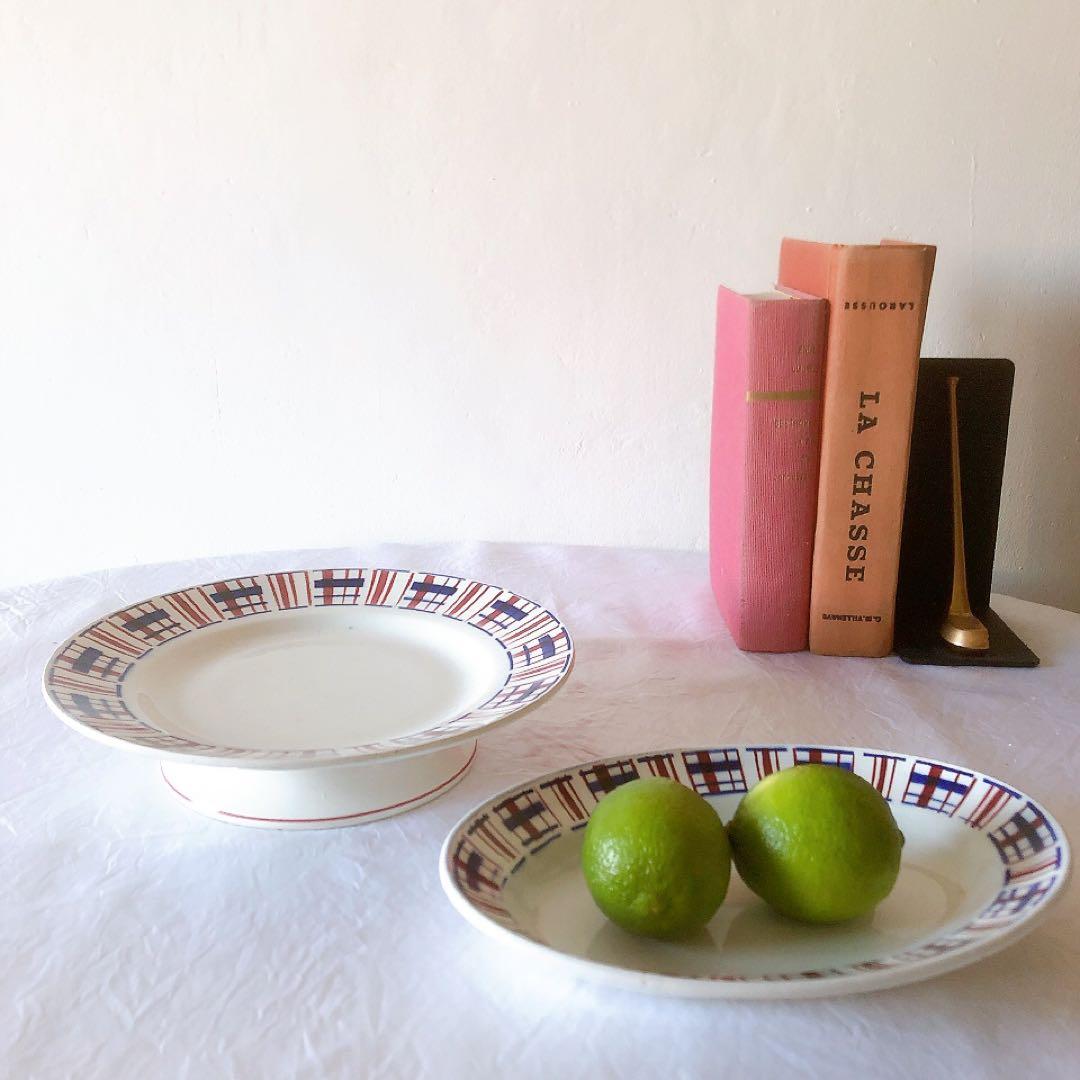 サンタマン　バスク柄ケーキスタンド　フランスアンティーク食器　ブロカント　蚤の市