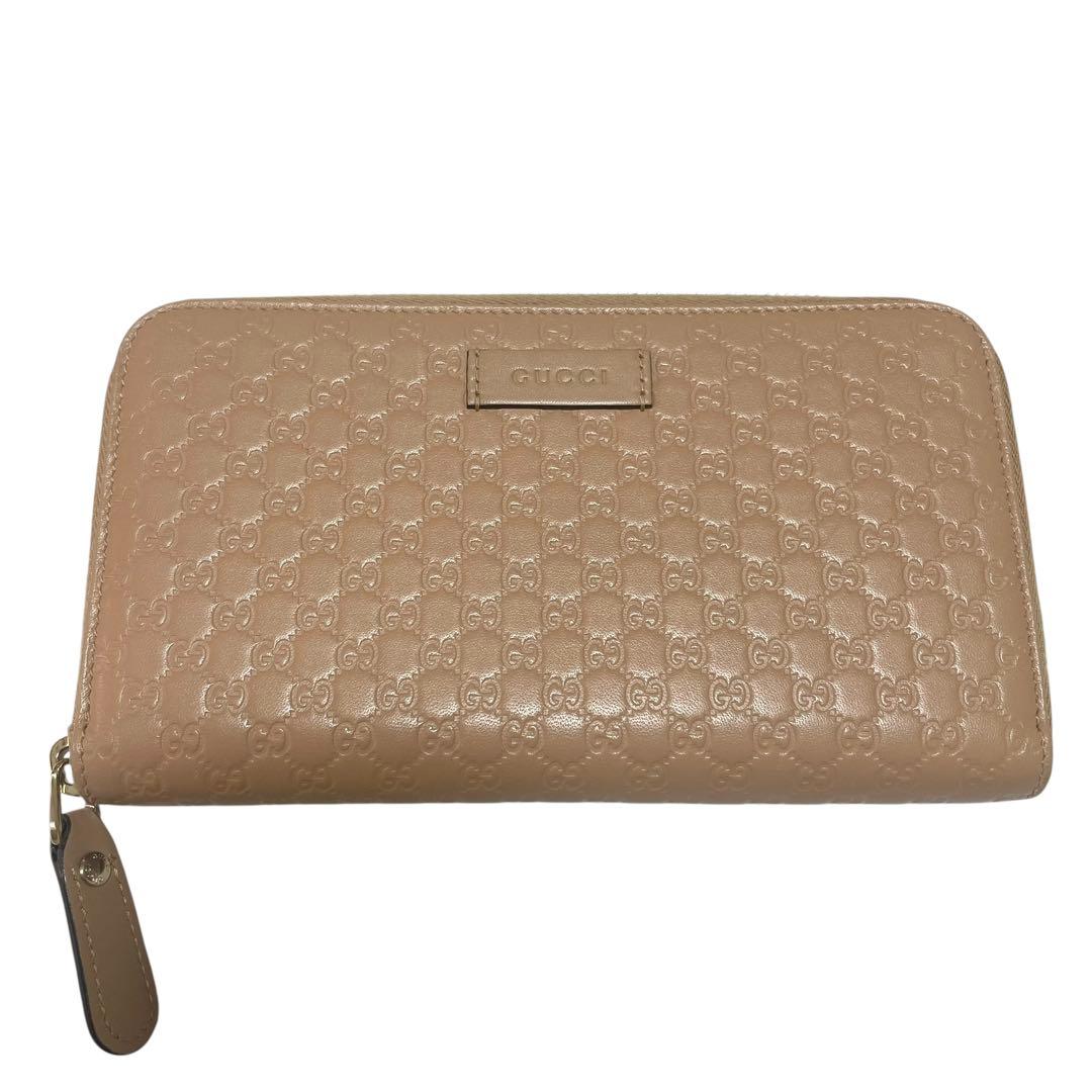 グッチ　長財布　ラウンドジップファスナー　ピンクベージュ　型押し　マイクロシマ