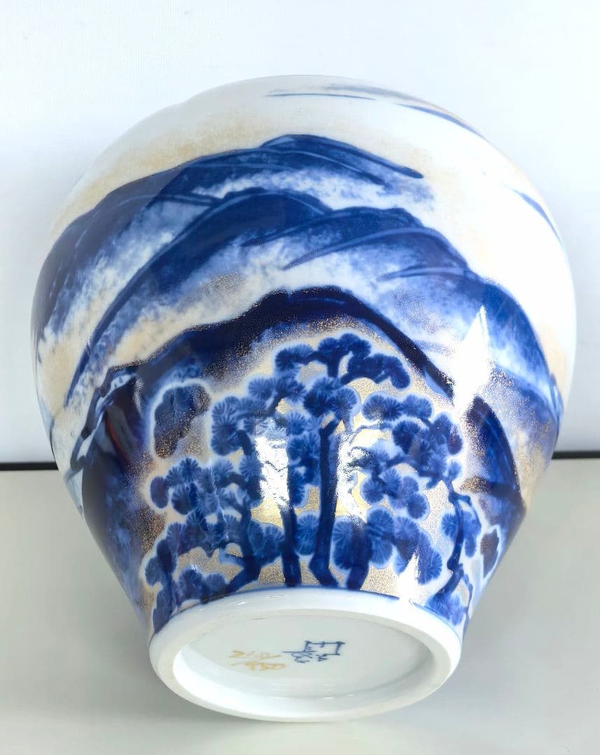 山本長左 作/黎明/藍九谷純金加彩手吉祥文花瓶/花器/華道具/