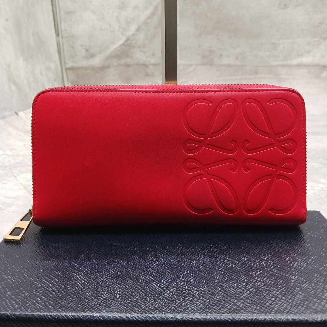 美品✨ ロエベ アナグラム ラウンドファスナー デカロゴ レザー 長財布 レッド