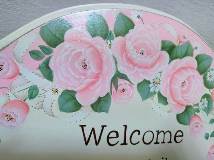 トールペイント　作品　薔薇とテディベア柄ボード