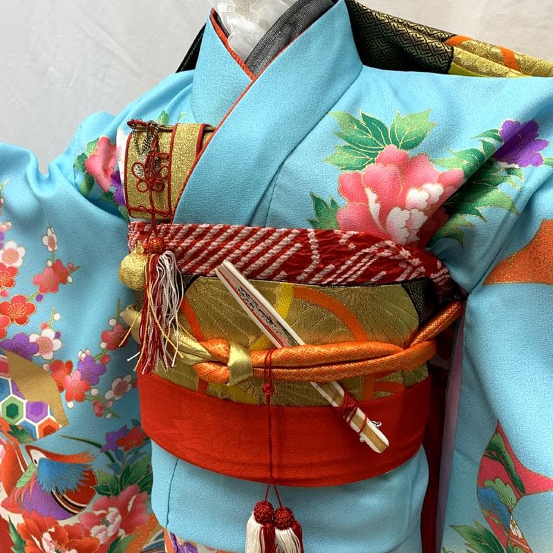 507ag27□七五三 七歳 女児 着物&袋帯 金彩 束ね熨斗 鼓□美品