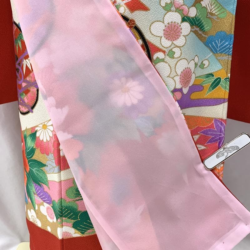 507ag27□七五三 七歳 女児 着物&袋帯 金彩 束ね熨斗 鼓□美品