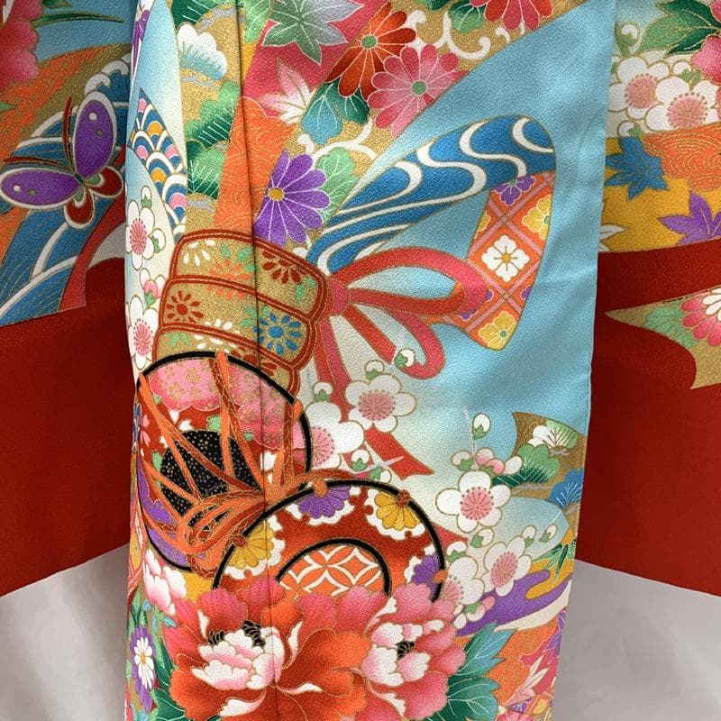 507ag27□七五三 七歳 女児 着物&袋帯 金彩 束ね熨斗 鼓□美品