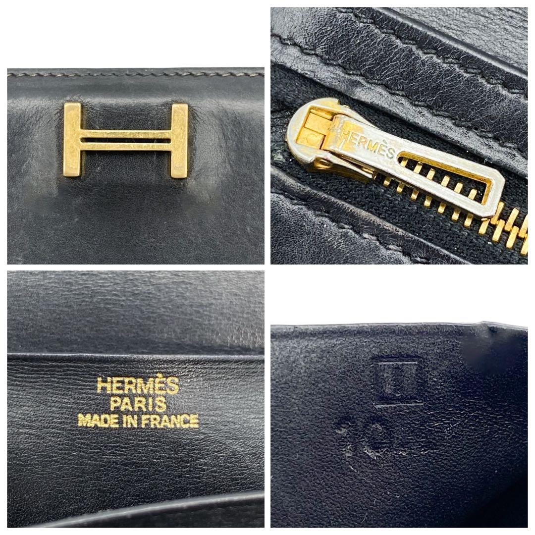 【美品】エルメス　ボックスカーフ　ベアンクラシック　折財布　ブラック　722