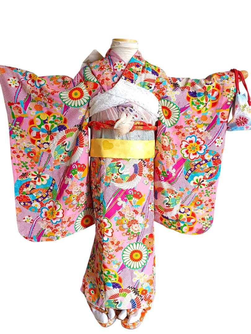 アンティークピンクの着物とキラキラ作り帯セット