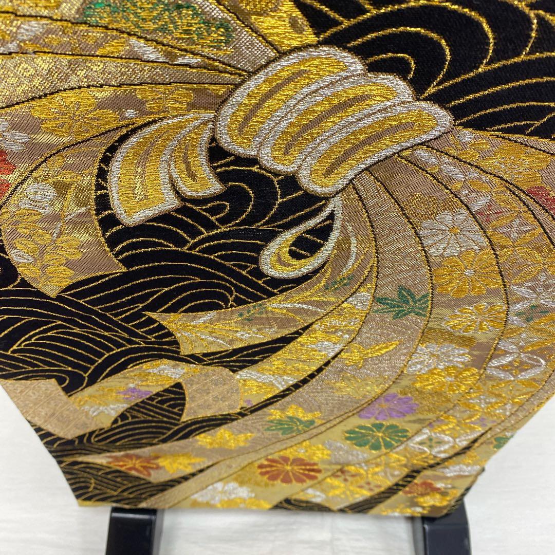 7130袋帯 正絹 六通 振袖　成人式　結婚式　束ね熨斗　七宝柄　紅葉　梅　菊