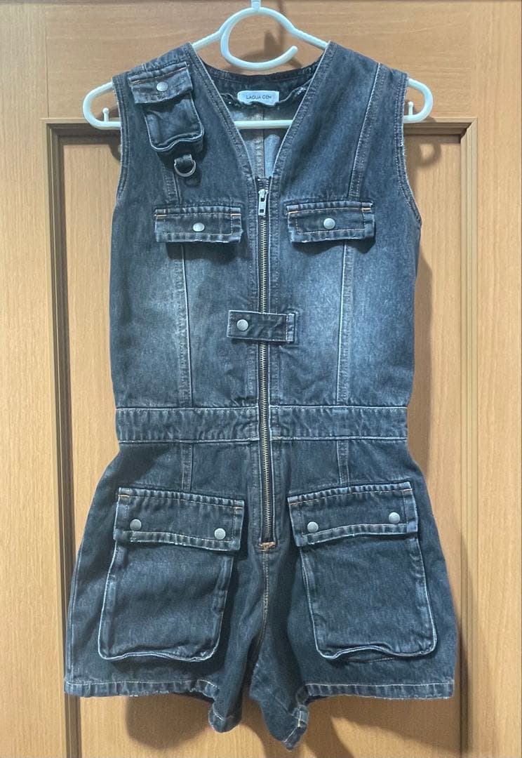 ラグアジェム　ポケットデニムミニオールインワン　ブラック　M