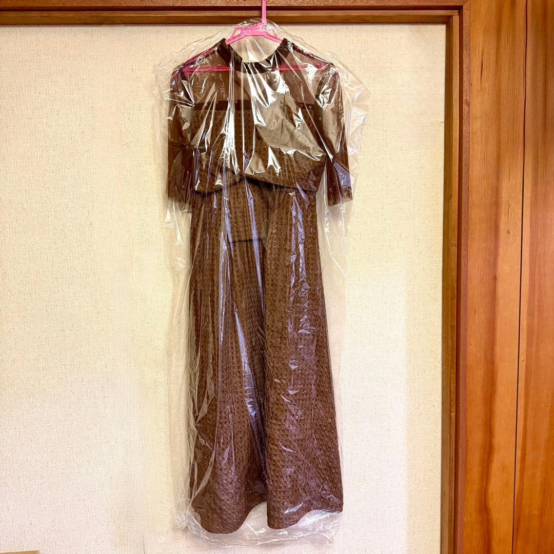 Lejaビスチェ風切り替え花柄シアーレースワッフル生地ロング丈ドレスワンピース