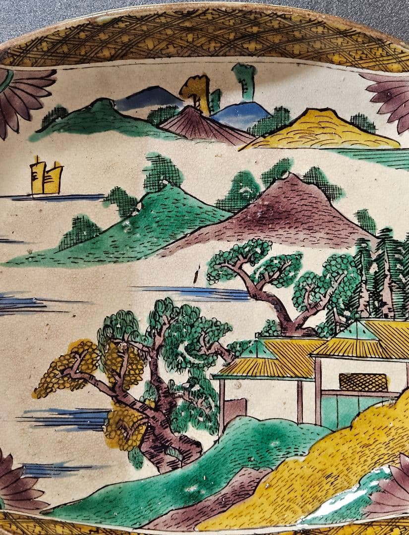 【名品❗】 江戸時代末期　古九谷　再興九谷　青手九谷　楼閣山水図　角福　四方深鉢