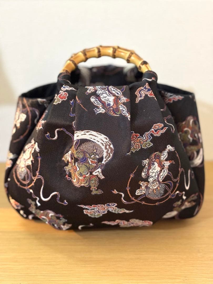 京都西陣織金蘭生地　風神雷神（黒）和装バック着物バック　入学卒業結婚式七五三振袖