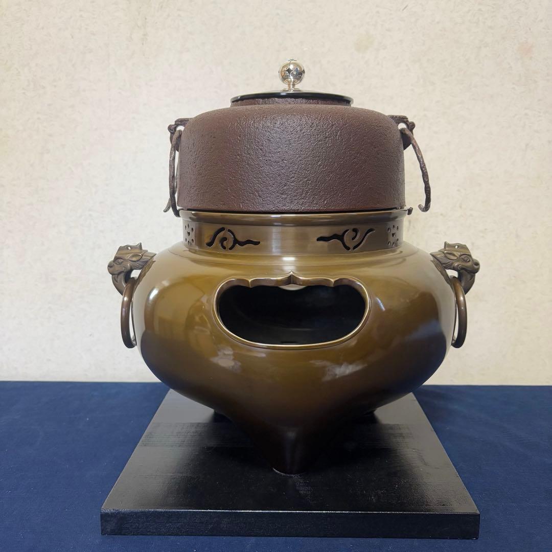 風炉 茶釜 電熱器 唐銅鬼面風炉釜 南鐐撮(銀摘)野々田製電熱器 敷板 底瓦