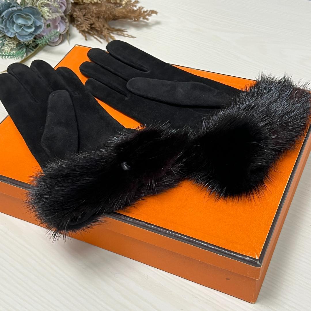 HERMES エルメス ベロア ミンクファー ブラック 手袋 ウィンターグローブ