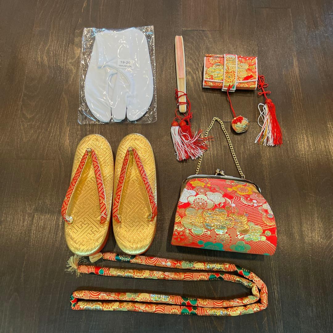 アンティーク 七五三 七歳 着物 作り帯 草履他小物一式 フルセット 御所車 絹