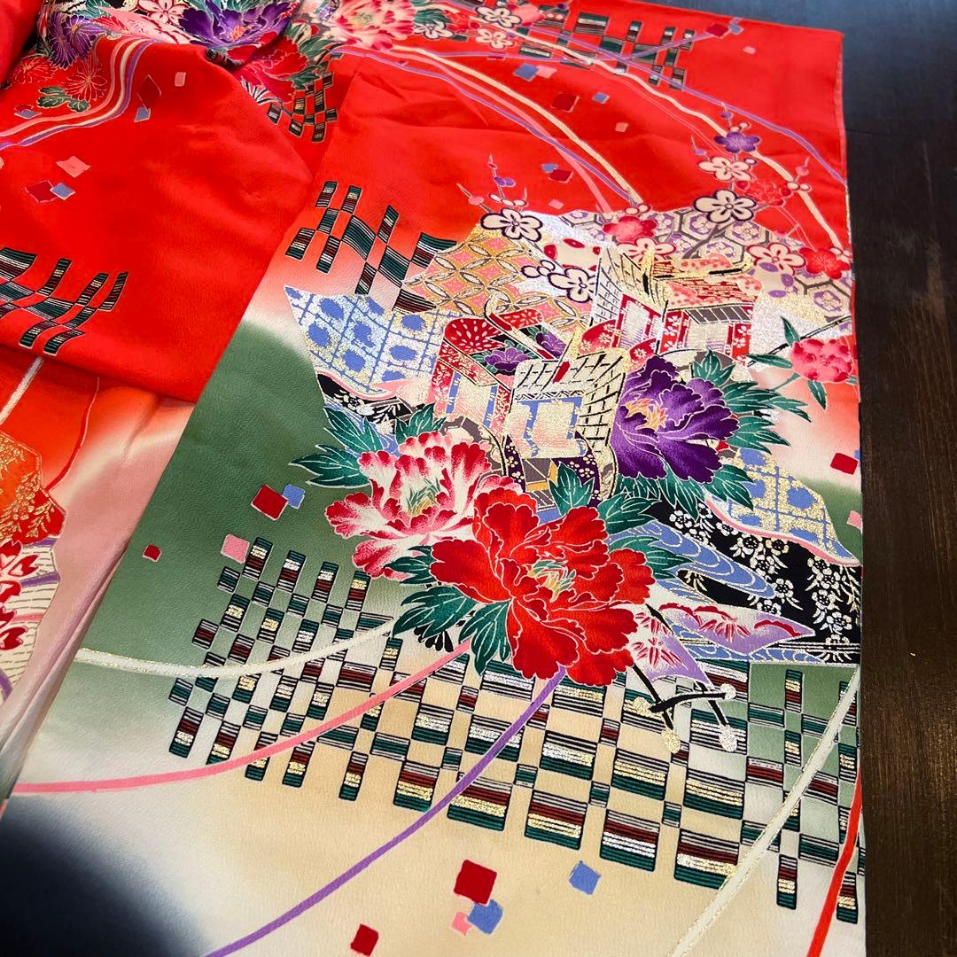 アンティーク 七五三 七歳 着物 作り帯 草履他小物一式 フルセット 御所車 絹