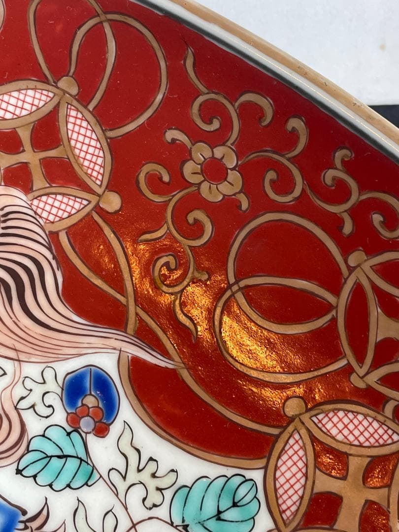 極上 古伊万里 大皿 金蘭手 江戸期 唐獅子 牡丹図 七宝文 紗綾形風 飾皿