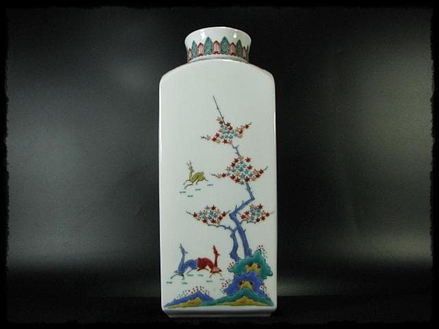 古琳庵 館林 宏久 柿右衛門 錦麦四季紋図 四方 壺 高約32cm 花入 花器