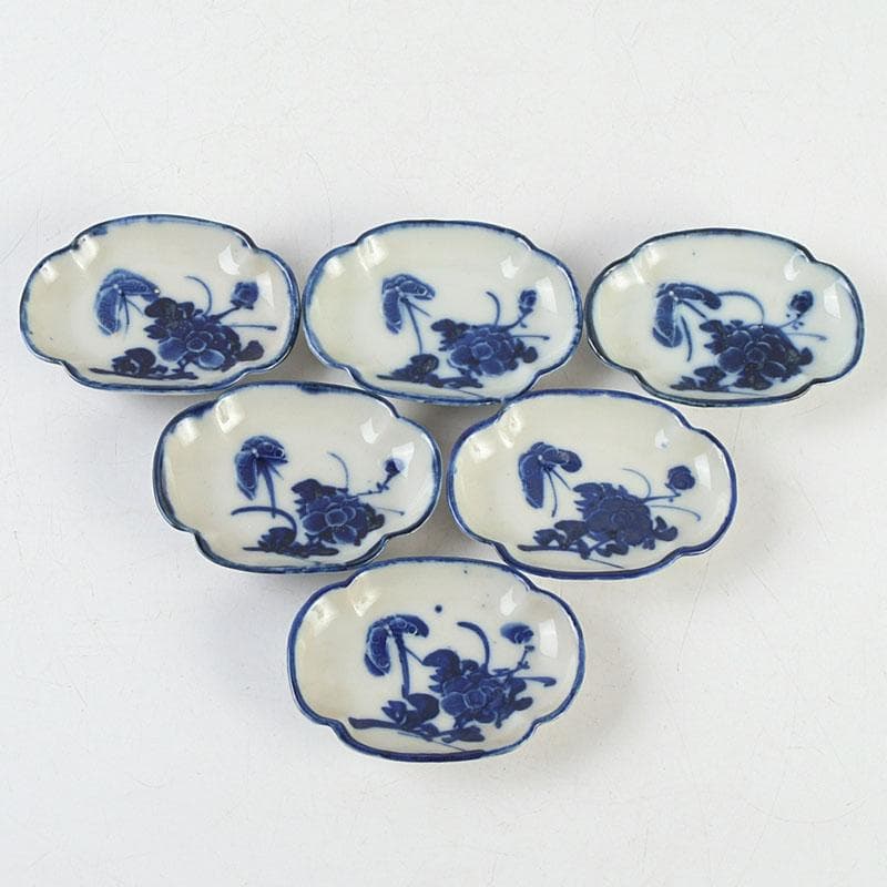 和食器　茶懐石　染付　花蝶文　手塩皿　六客　在銘　時代箱　V　9355