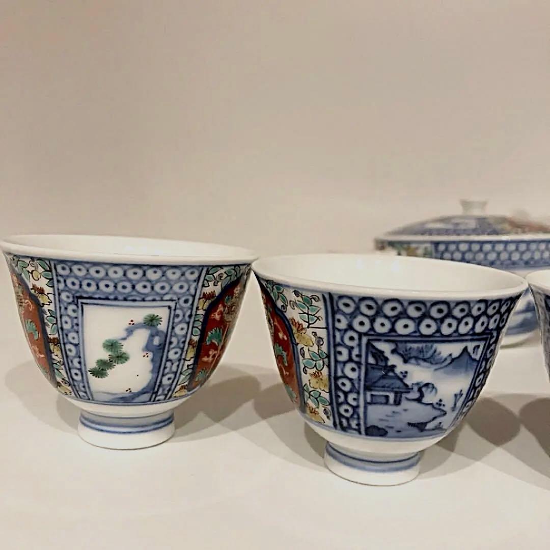 酒井田柿右衛門　煎茶器揃い　宝瓶　湯冷　湯呑　染付茶器　茶道具　染錦間取山水地紋