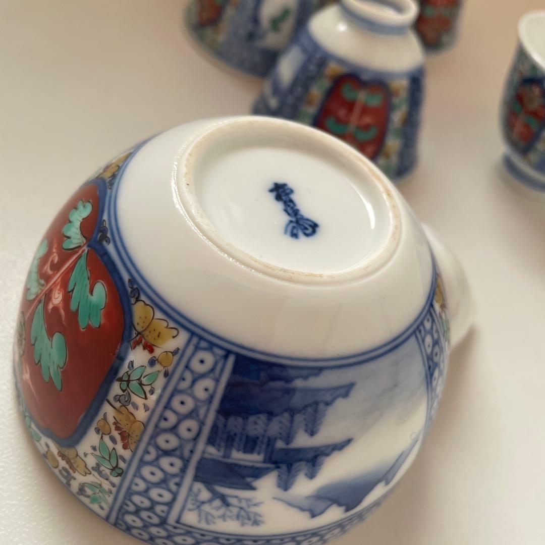 酒井田柿右衛門　煎茶器揃い　宝瓶　湯冷　湯呑　染付茶器　茶道具　染錦間取山水地紋